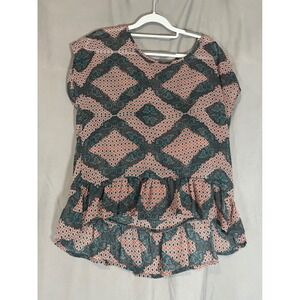 Signature Studio Geometric Print Tunic Top Ruffle Hem Orange Teal Women's L